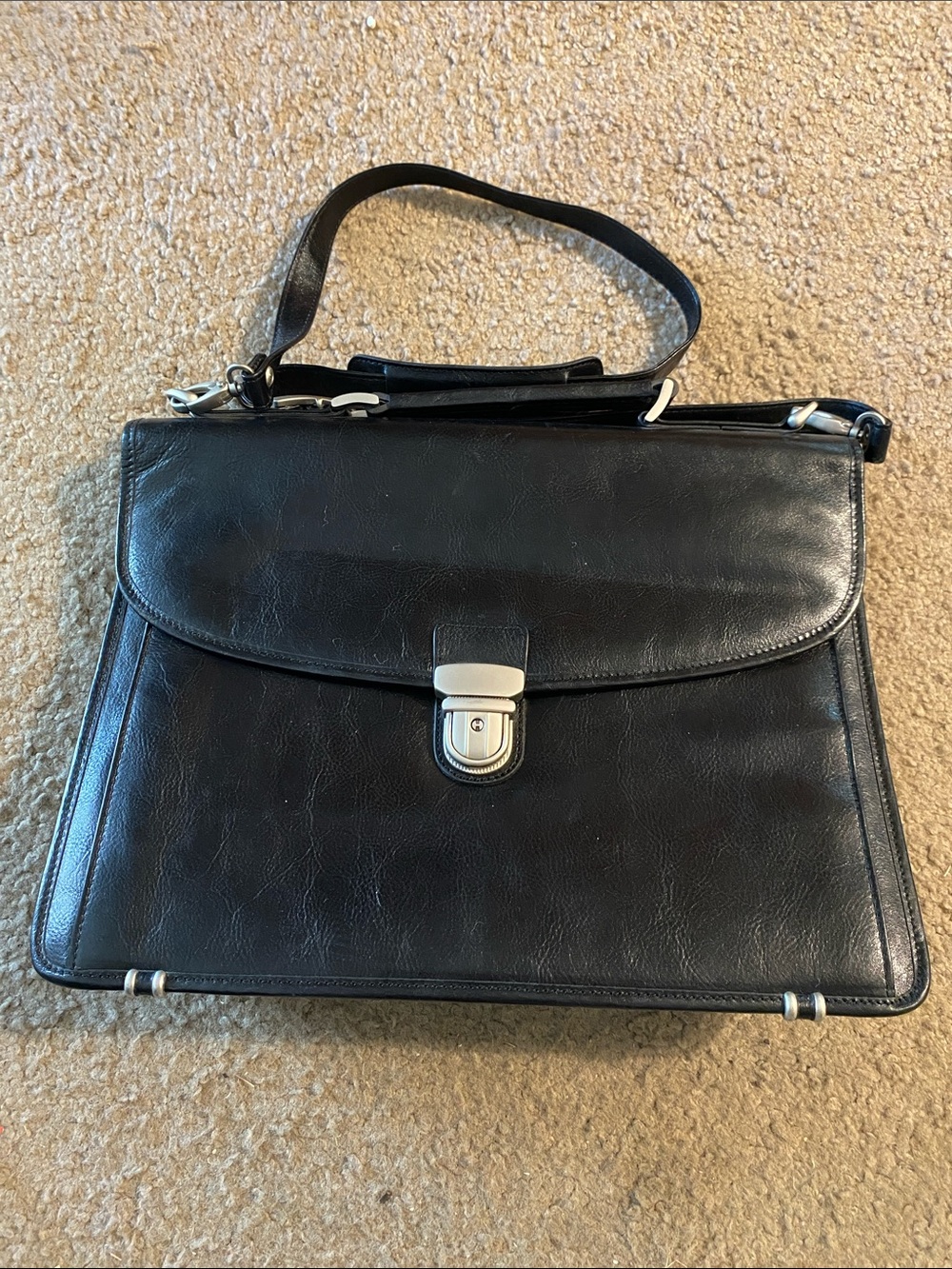 Torino Series by Castello Black Leather Flap Briefcase with Silver Hardware